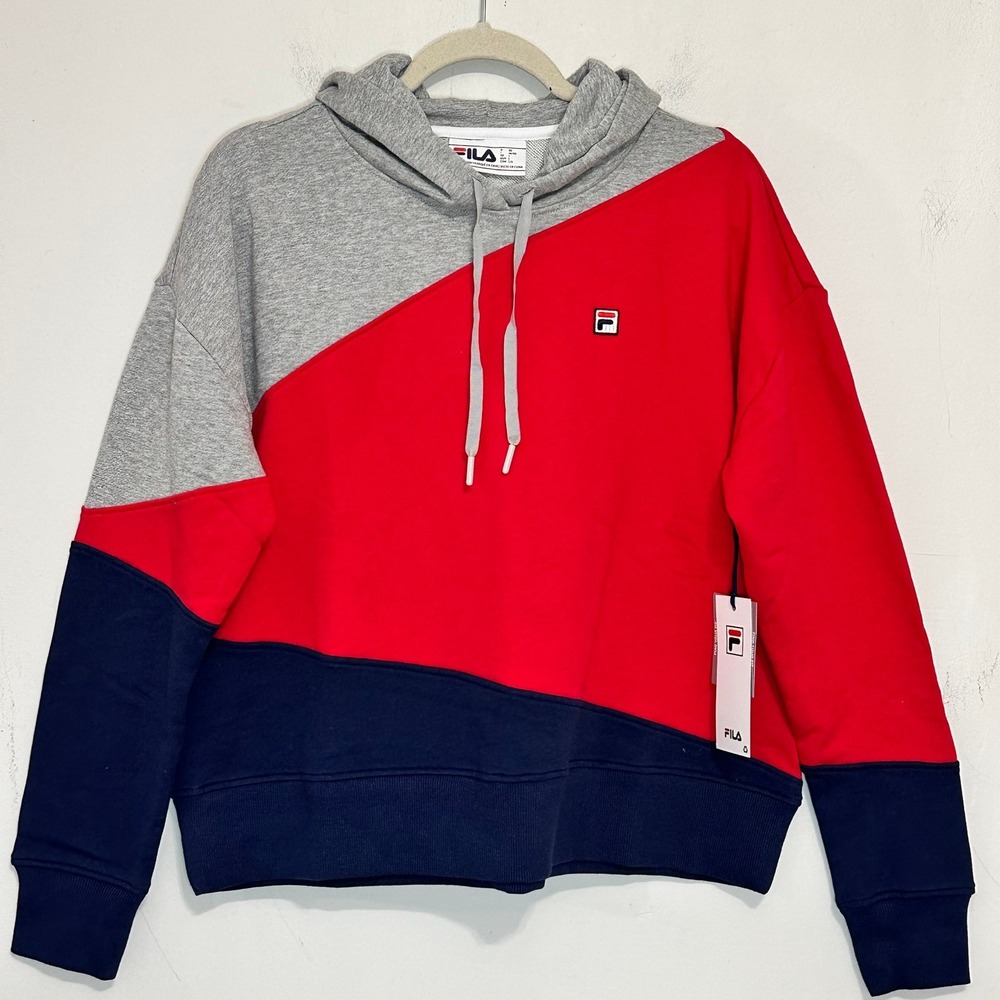 FILA Adriana Colorblock Hoodie Sweatshirt Red Gray Navy Blue Womens Size L Retro